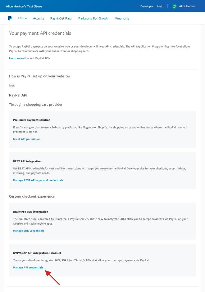 PayPal payment API credentials