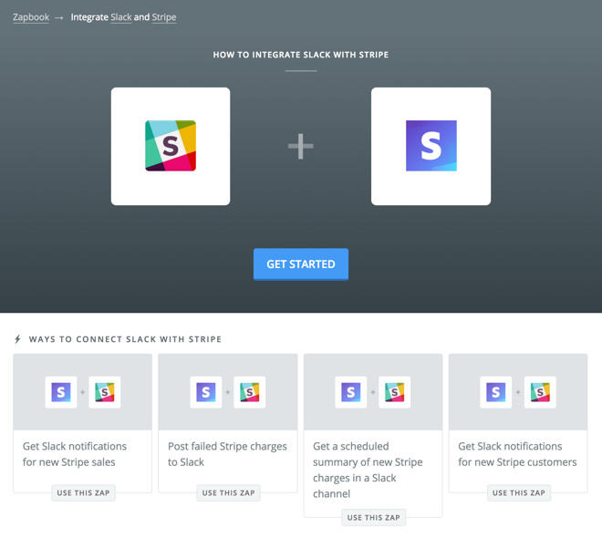 Zapier integrations directory for Stripe + Slack